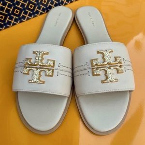 NIB Tory Burch Everly Slide Sandals Calf Leather Crystal Logo Dulce De Leche